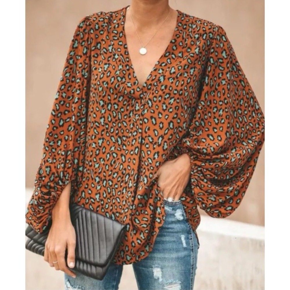 Leopard Print Balloon Sleeve Blouse Smocked Cuff V Neck Rust Brown Large